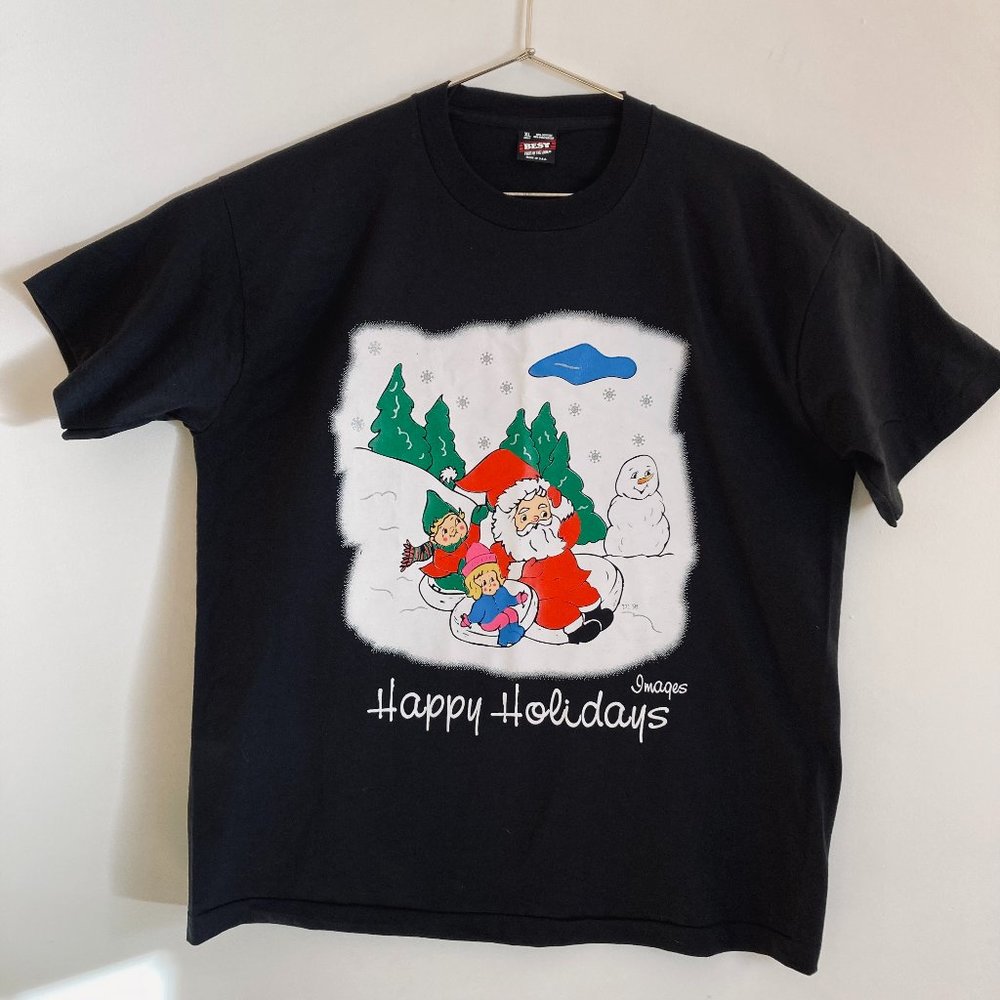 Vintge Black T Shirt Christmas Men XL Santa made in USA Happy Holidays Spell Out